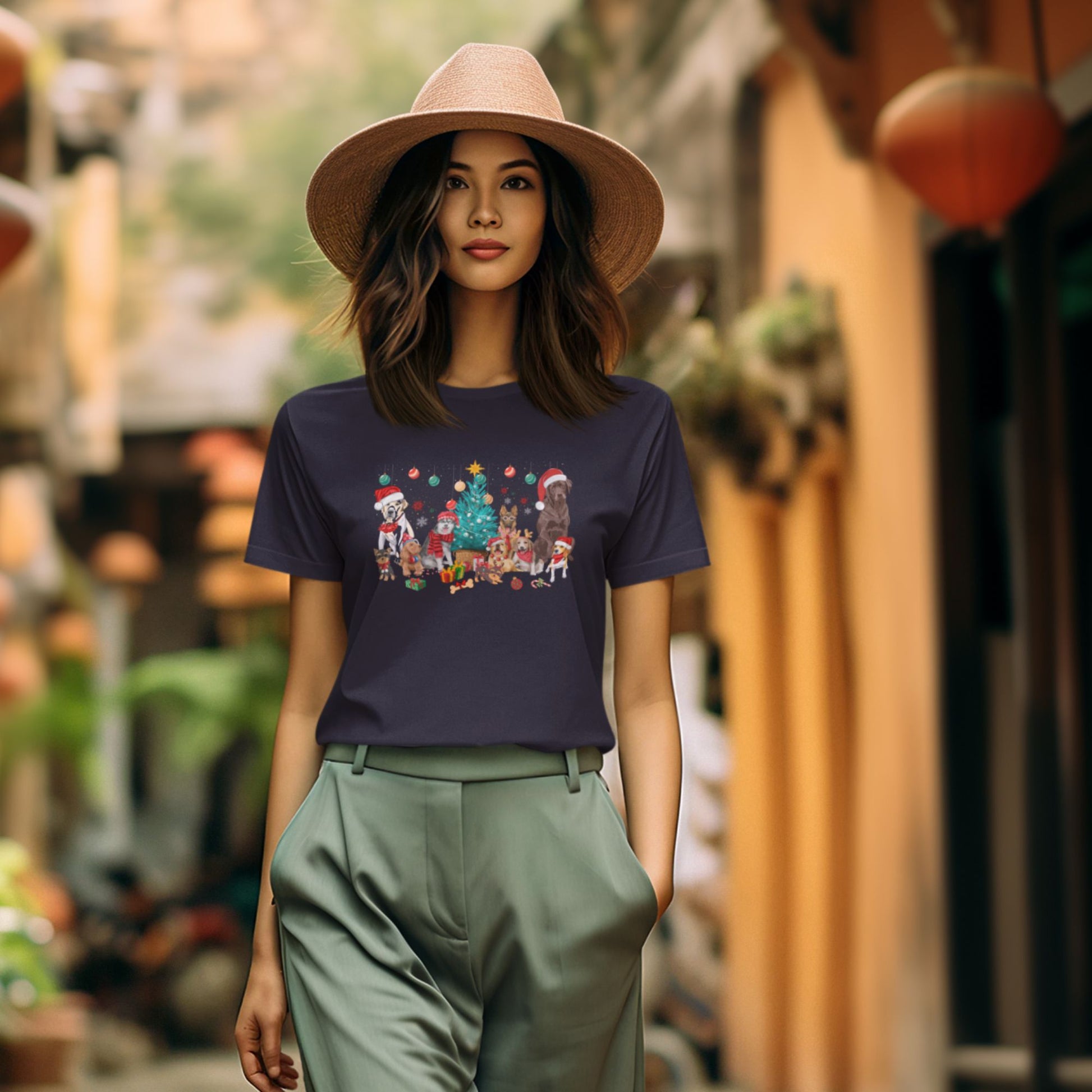 Elegant-lady-modeling-a-holiday-themed-T-shirt-complemented-by-a-chic-straw-hat-and-pastel-green-trousers-in-an-old-town-setting