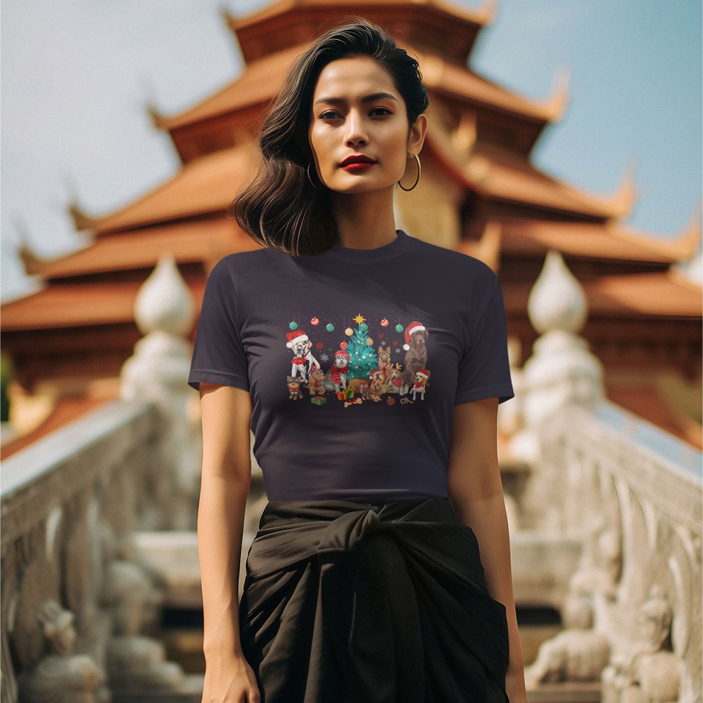 Fashion-model-in-a-dark-blue-T-shirt-with-a-Christmas-holiday-motifs-posing-in-front-of-Asian-temple-at-sunset