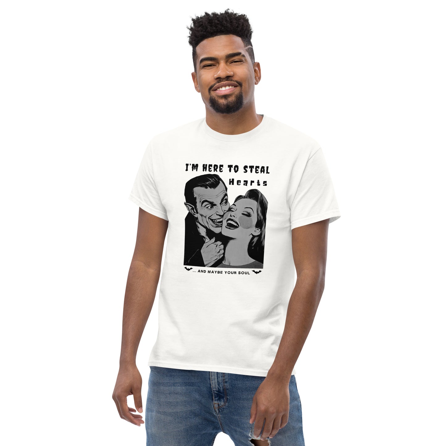 Fashionable-young-man-showcases-a-white-t-shirt-with-a-humorous-Dracula-themed-graphic-and-text