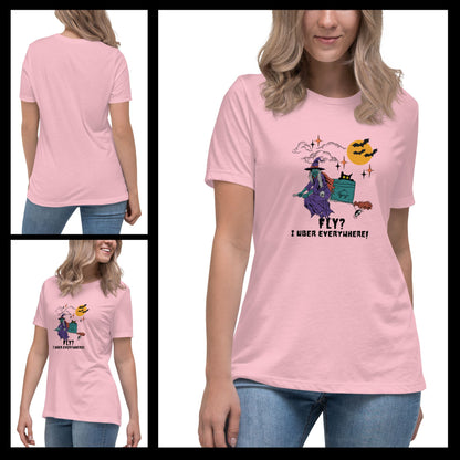 Funny-Halloween-pink-t-shirt-with-spooky-witch-flying-on-a-broom-modeled-by-a-young-woman