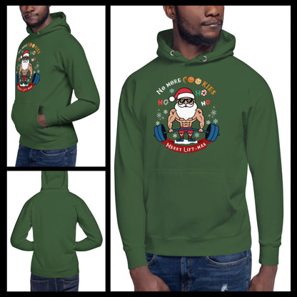 Holiday-hoodie-with-a-fit-Santa-lifting-barbells-worn-by-a-stylish-man