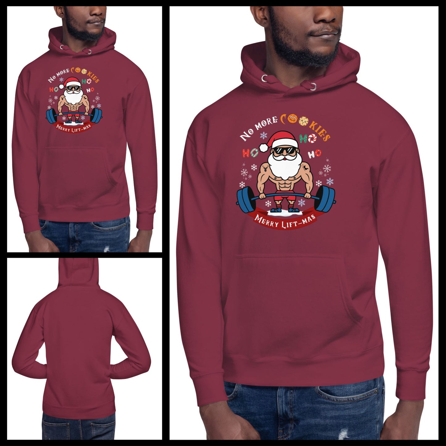 Holiday-themed-burgundy-hoodie-featuring-a-fit-Santa-lifting-weights