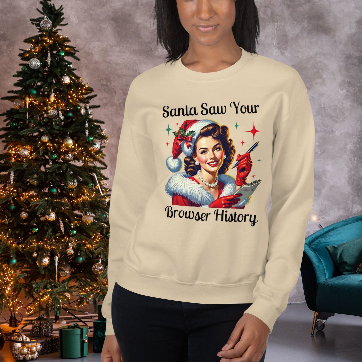 Holiday-themed-sweatshirt-modeled-by-a-young-woman-in-a-cozy-Christmas-setting-featuring-retro-Santa-Girl-artwork-and-whimsical-text