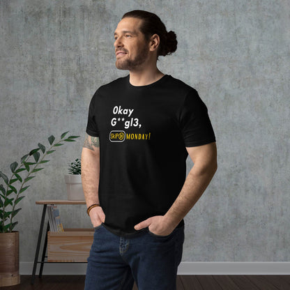 Humorous-black-printed-t-shirt-worn-by-a-casually-dressed-man-advocating-for-skipping-Monday-using-voice-command