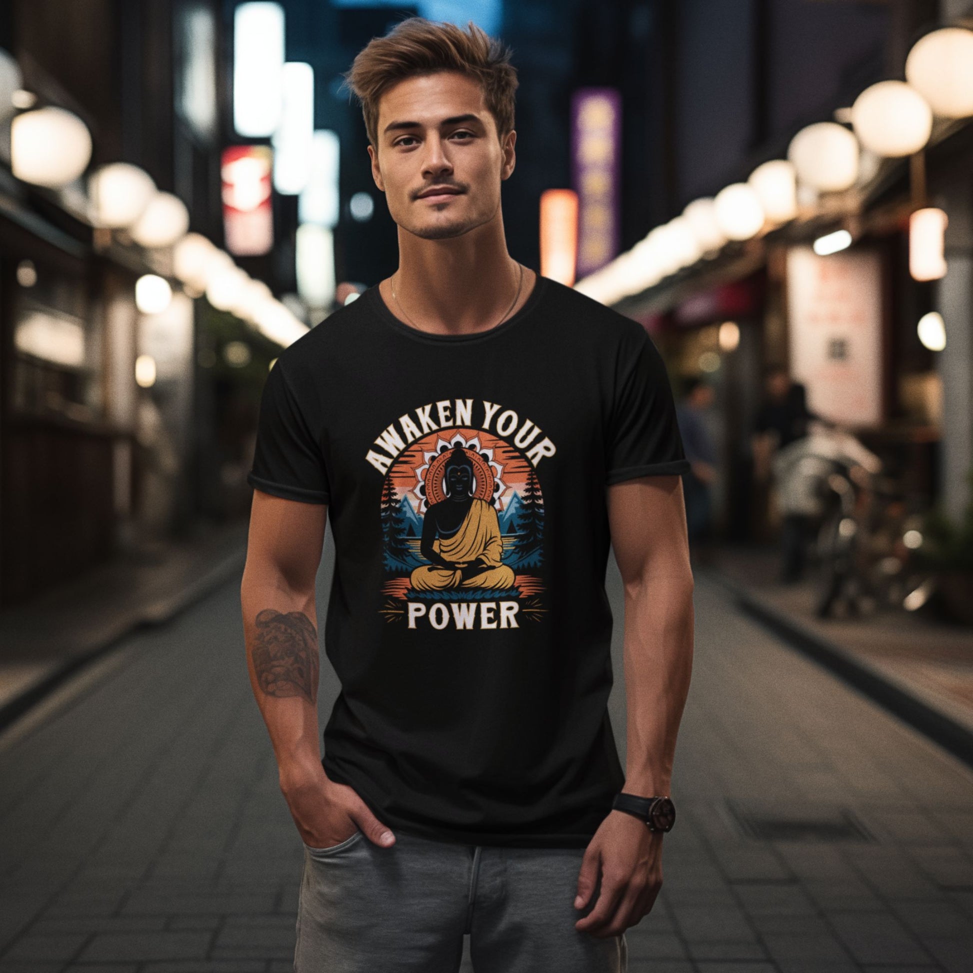 A man in a black "Awaken Your Power" t-shirt with a Buddha graphic stands on a street at night.