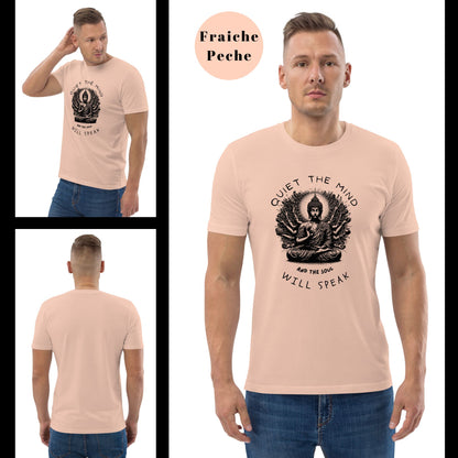 Man-in-a-peach-colored-t-shirt-with-a-meditating-Buddha-graphic-and-Quiet-the-mind-and-the-soul-will-speak-text-printed-below