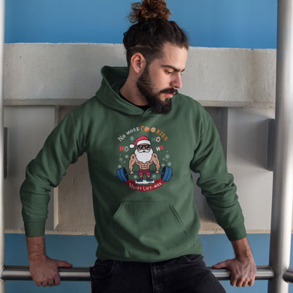 Man-with-a-bun-wearing-a-green-Christmas-hoodie-featuring-a-muscular-Santa-lifting-weights-with-the-slogan-Merry-Lift-mas