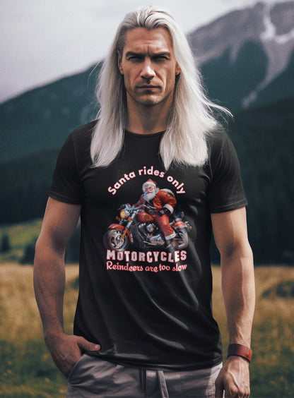 Man-with-long-white-hair-wearing-a-balck-funny-t-shirt-printed-with-a-Santa-riding-a-red-motorcycle