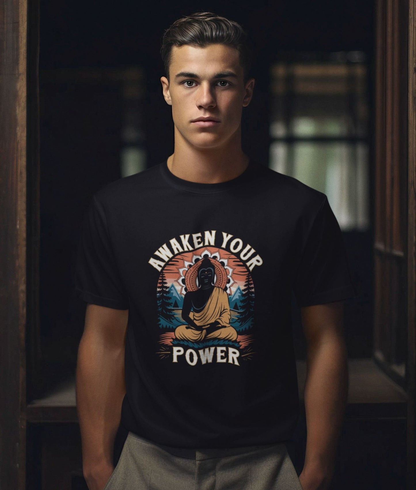 Person wearing a zen t-shirt for men with buddha design