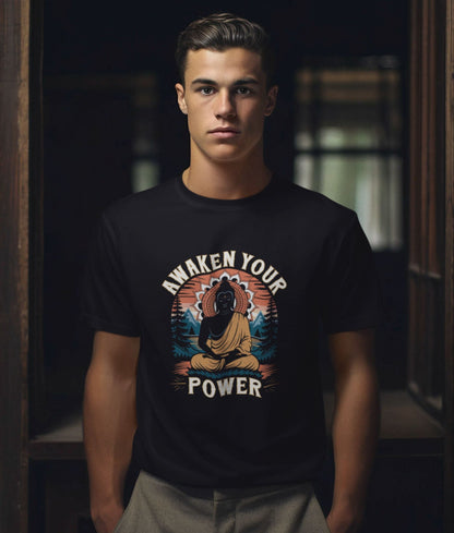 Person wearing a zen t-shirt for men with buddha design