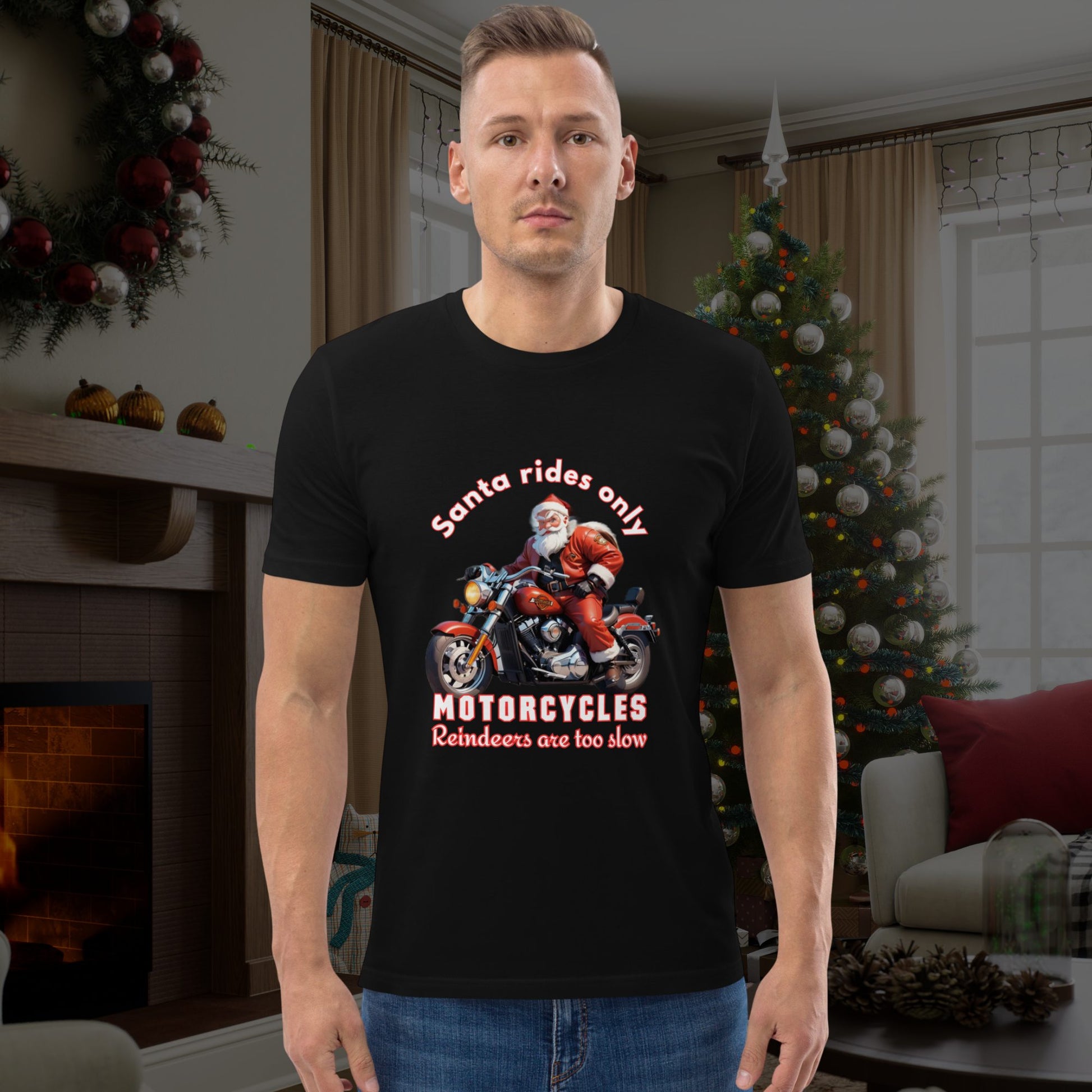 Minimalist-photo-of-a-man-modeling-a-Christmas-themed-motorcycle-t-shirt-featuring-Santa-on-a-plain-background