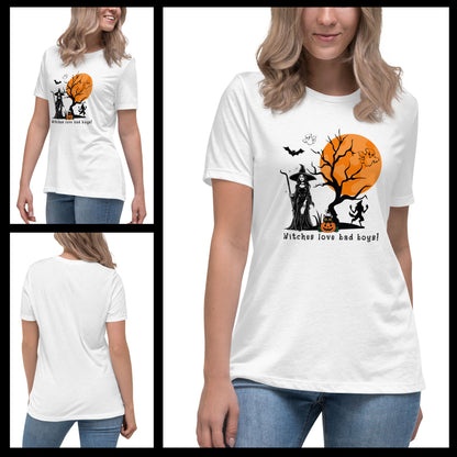 Model-woman-showcases-Halloween-witch-graphic-tee-with-casual-jeans