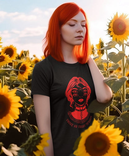 Outdoor-portrait-of-a-redhead-woman-wearing-a-black-t-shirt-with-a-Trick-or-Treat-YourSelf-Halloween-design