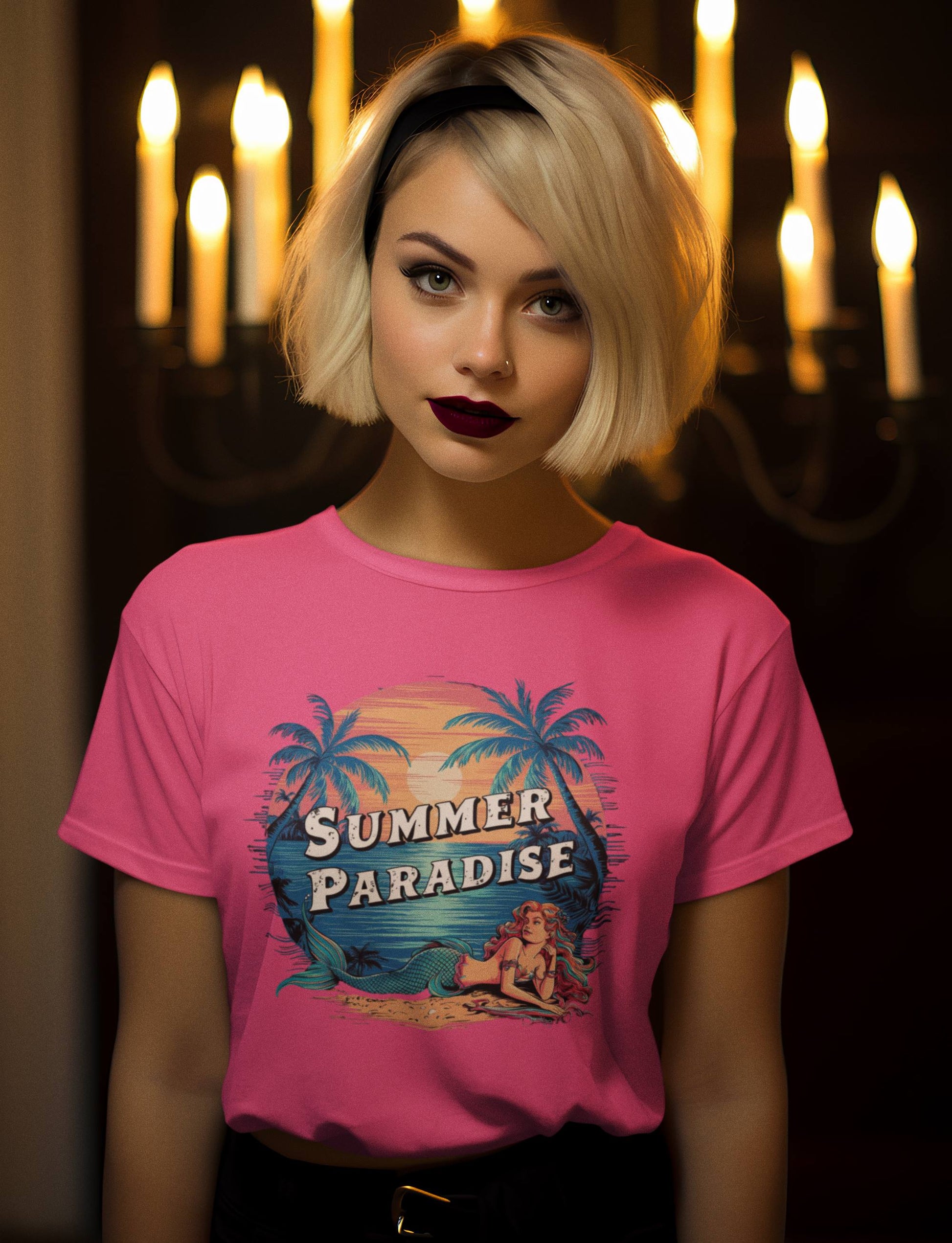 photo-portrait-of-a-blonde-woman-inspired-by-Sabrina-the-Witch-fashion-wearing-a-pink-t-shirt-printed-with-a-summer-paradise-and-a-mermaid-resting-on-the-beach