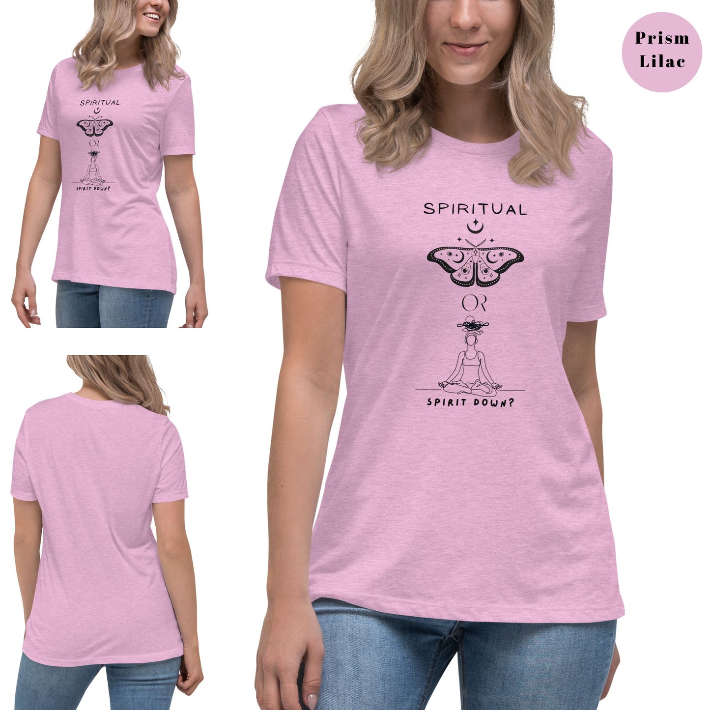 Prism-Lilac-t-shirt-featuring-a-meditating-figure-below-with-a-butterfly-graphic-with-the-phrase-Spiritual-or-Spirit-Down-worn-by-a-woman