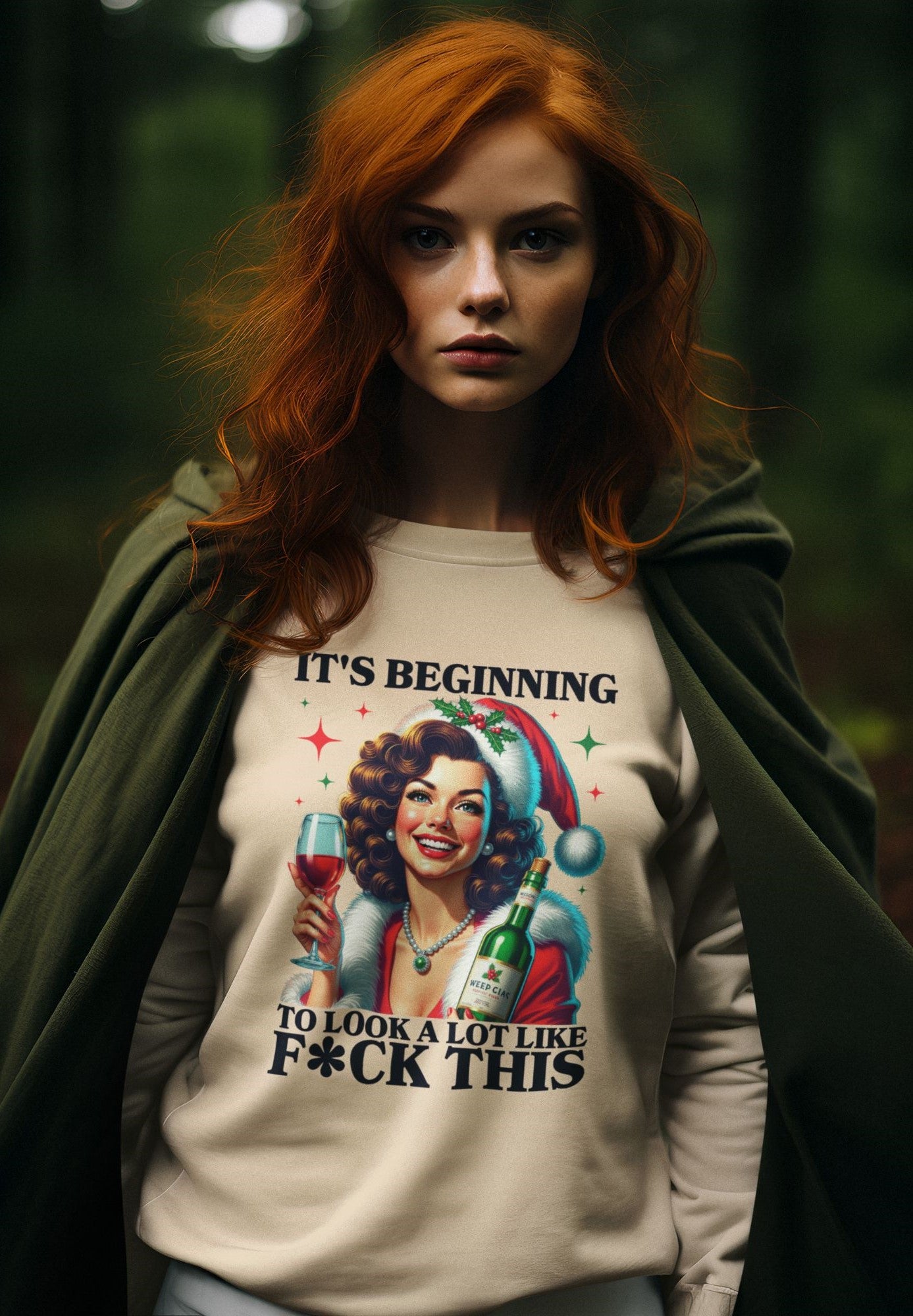 Red-haired-woman-outdoors-in-a-forest-wearing-a-vintage-inspired-Christmas-sweatshirt-with-bold-and-humorous-text