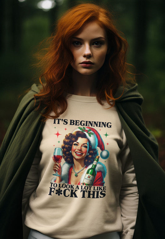 Red-haired-woman-outdoors-in-a-forest-wearing-a-vintage-inspired-Christmas-sweatshirt-with-bold-and-humorous-text