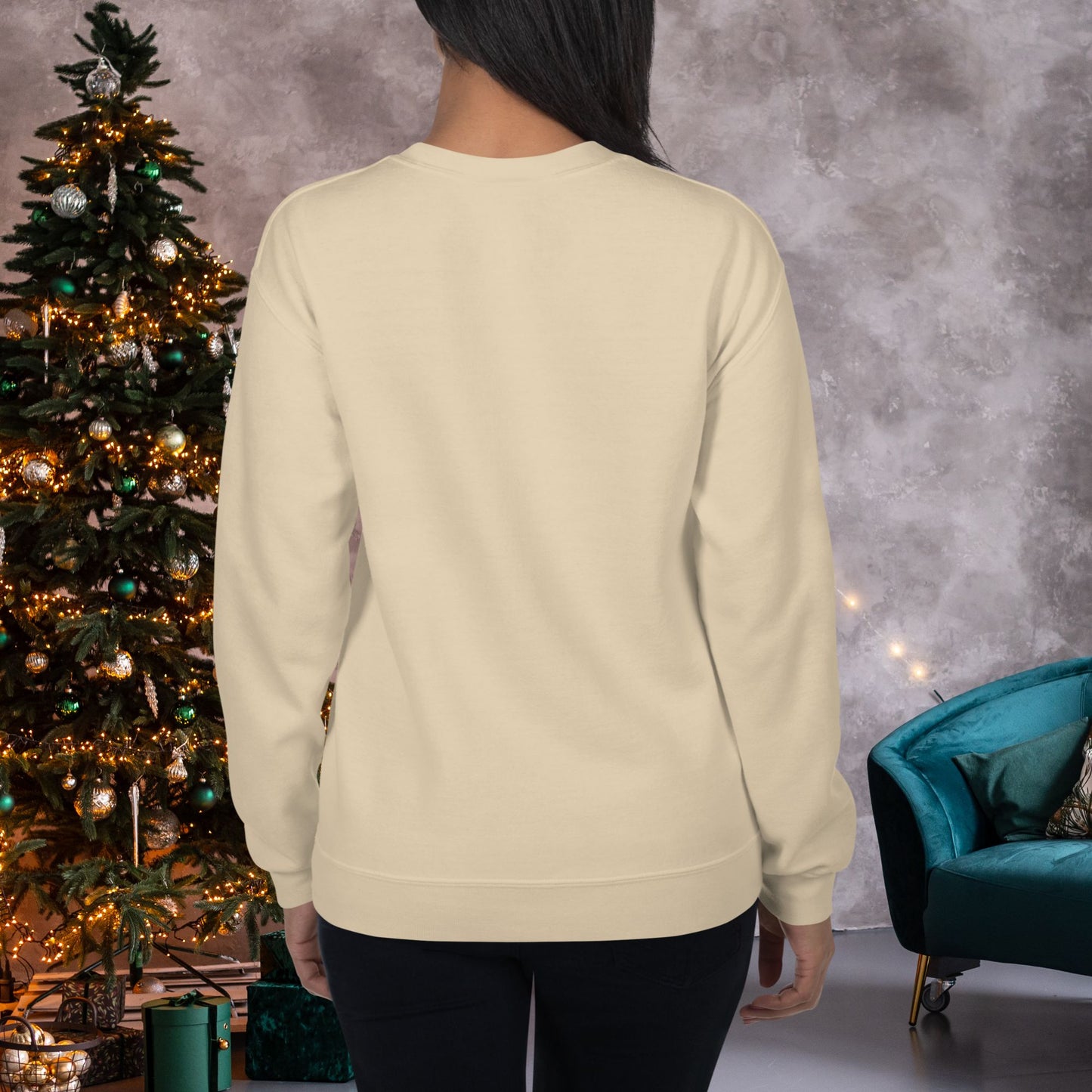 Retro-holiday-sweater-design-showcased-by-a-smiling-woman-perfect-for-Christmas-celebrations-with-a-minimalist-holiday-backdrop