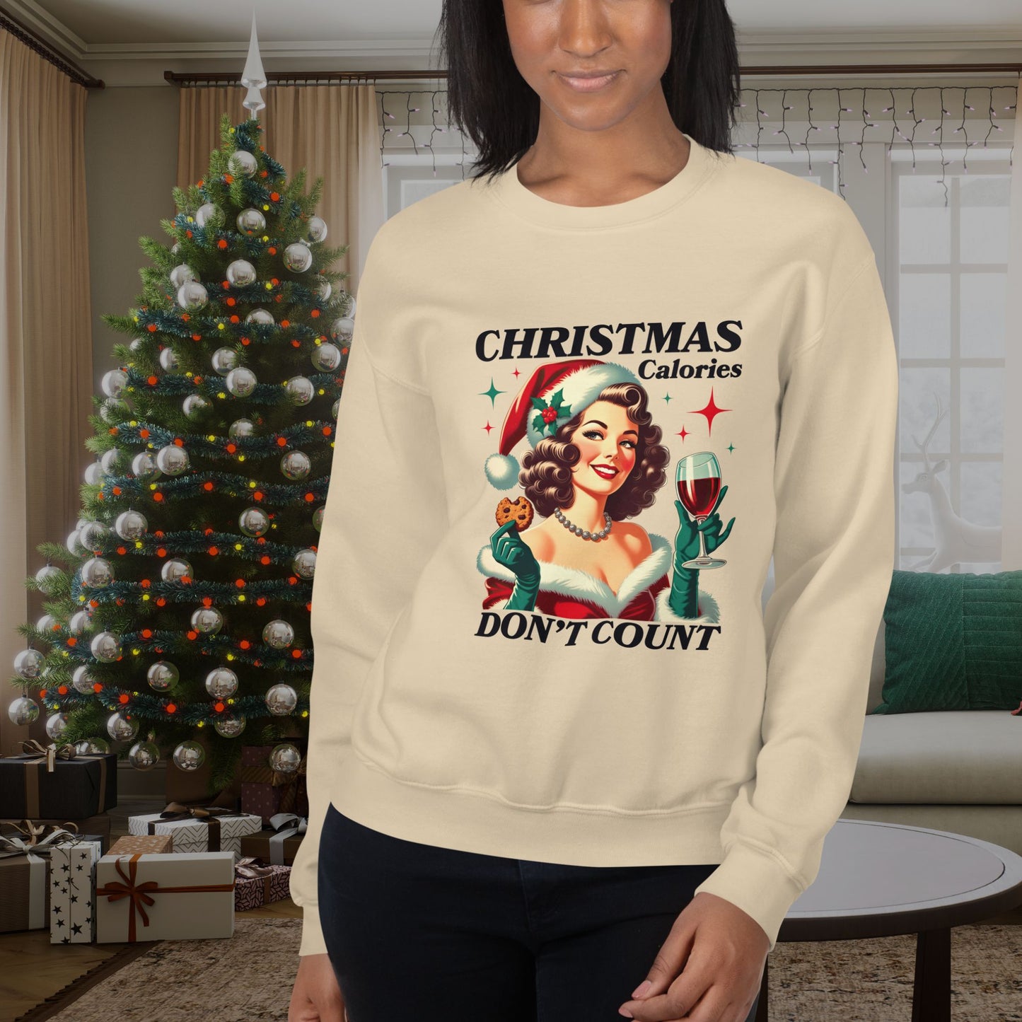 Retro-inspired-Christmas-sweater-with-fun-graphics-modeled-indoors-near-a-glowing-tree-and-holiday-gift-boxes