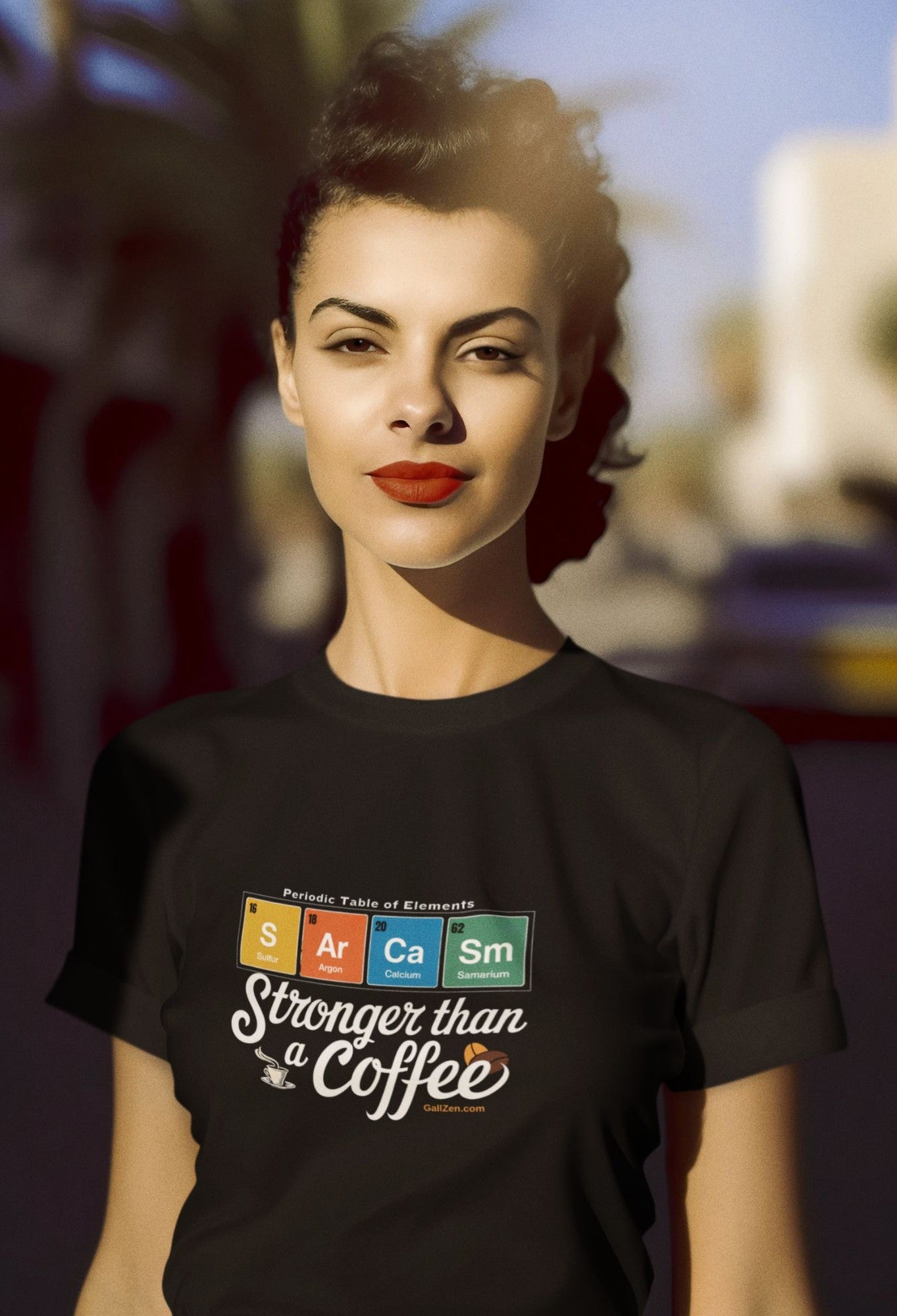 Retro-inspired-black-t-shirt-mockup-featuring-a-woman-with-a-50s-hairstyle-and-a-sarcasm-themed-graphic-print