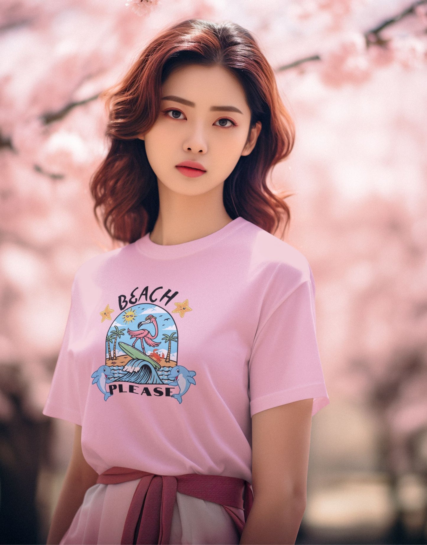 Sakura-posing-under-a-cherry-tree-wearing-a-pink-t-shirt