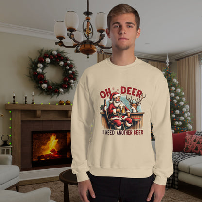 Santa-themed-sweatshirt-with-humorous-text-worn-by-a-young-man-next-to-a-twinkling-Christmas-tree