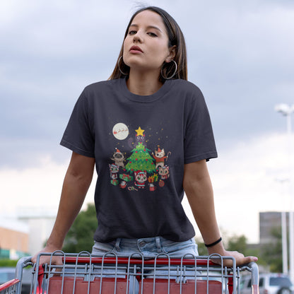 Serious-young-woman-outdoors-wearing-a-navy-t-shirt-with-colorful-Christmas-cats-graphic-design