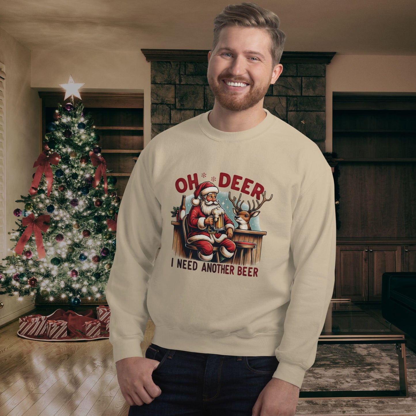 Smiling-man-wearing-a-cream-colored-sweatshirt-with-a-Santa-and-reindeer-print-standing-near-a-decorated-Christmas-tree