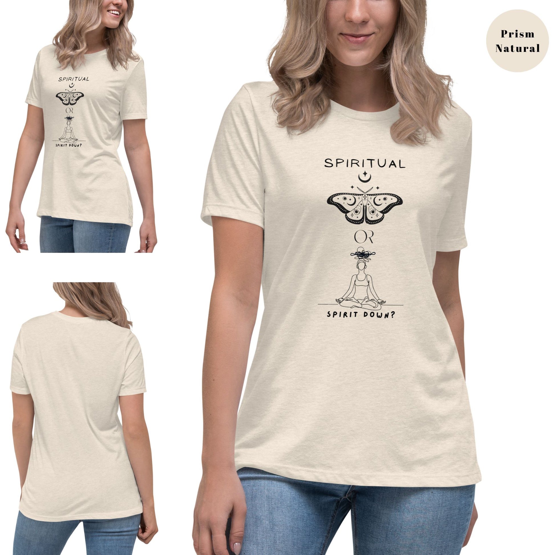 T-shirt-in-cream-color-with-a-butterfly-and-meditating-figure-graphic-featuring-the-text-Spiritual-or-Spirit-Down-wearing-by-a-woman