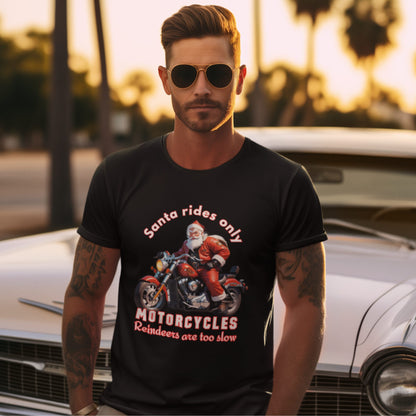 Trendy-holiday-t-shirt-with-Santa-on-a-motorcycle-worn-by-a-man-with-sunglasses-near-a-vintage-car