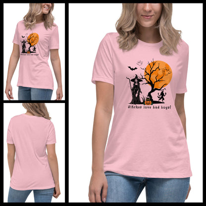 Trendy-witch-print-graphic-T-shirt-on-a-woman-paired-with-casual-denim