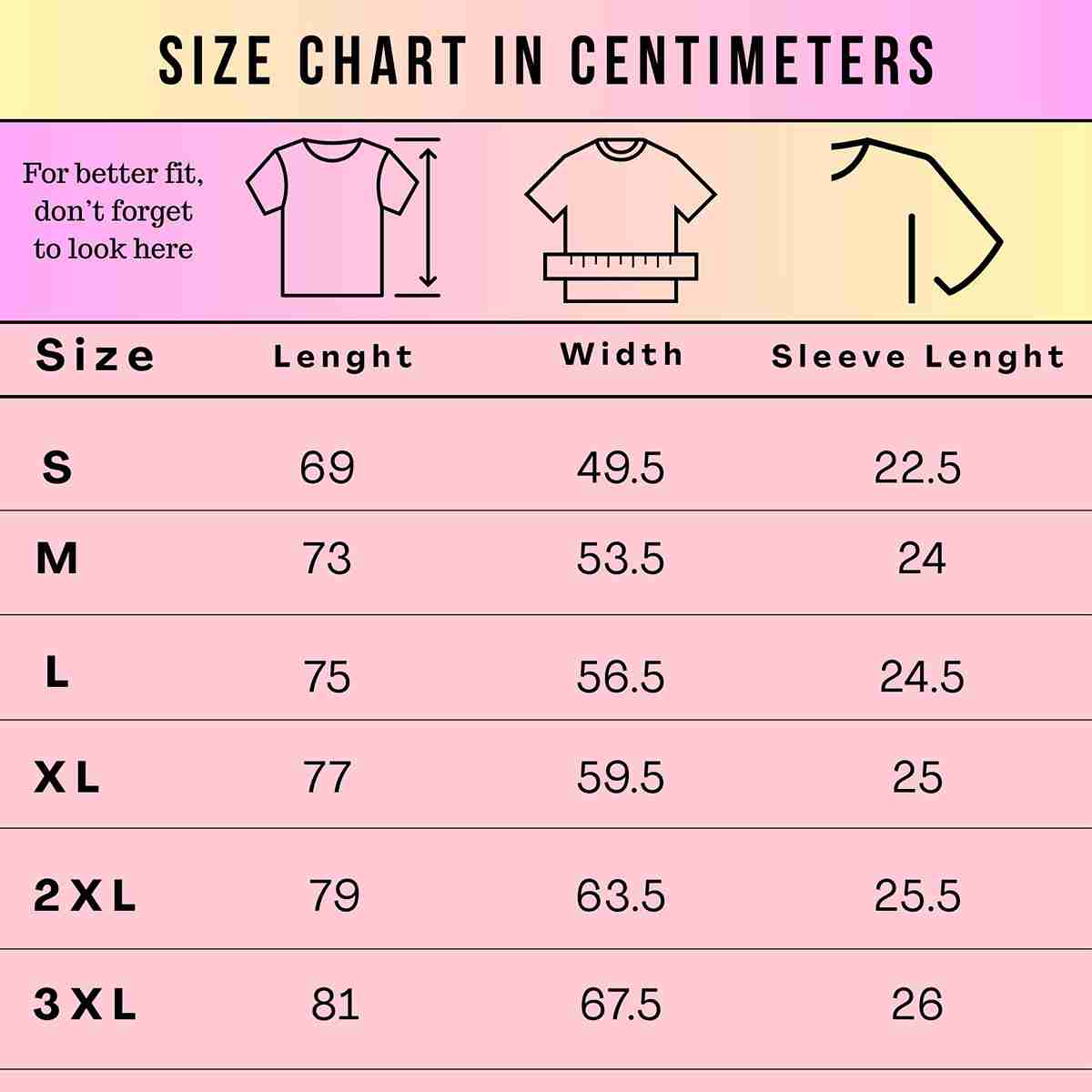A size chart in centimeters for clothing sizes S through 3XL, with columns for Length, Width, and Sleeve Length. The chart includes simple line drawings of a T-shirt and a garment silhouette and a note that measurements should be looked up for better fit.