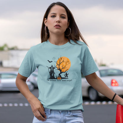 Urban-style-Halloween-themed-witch-print-T-shirt-worn-by-a-young-woman