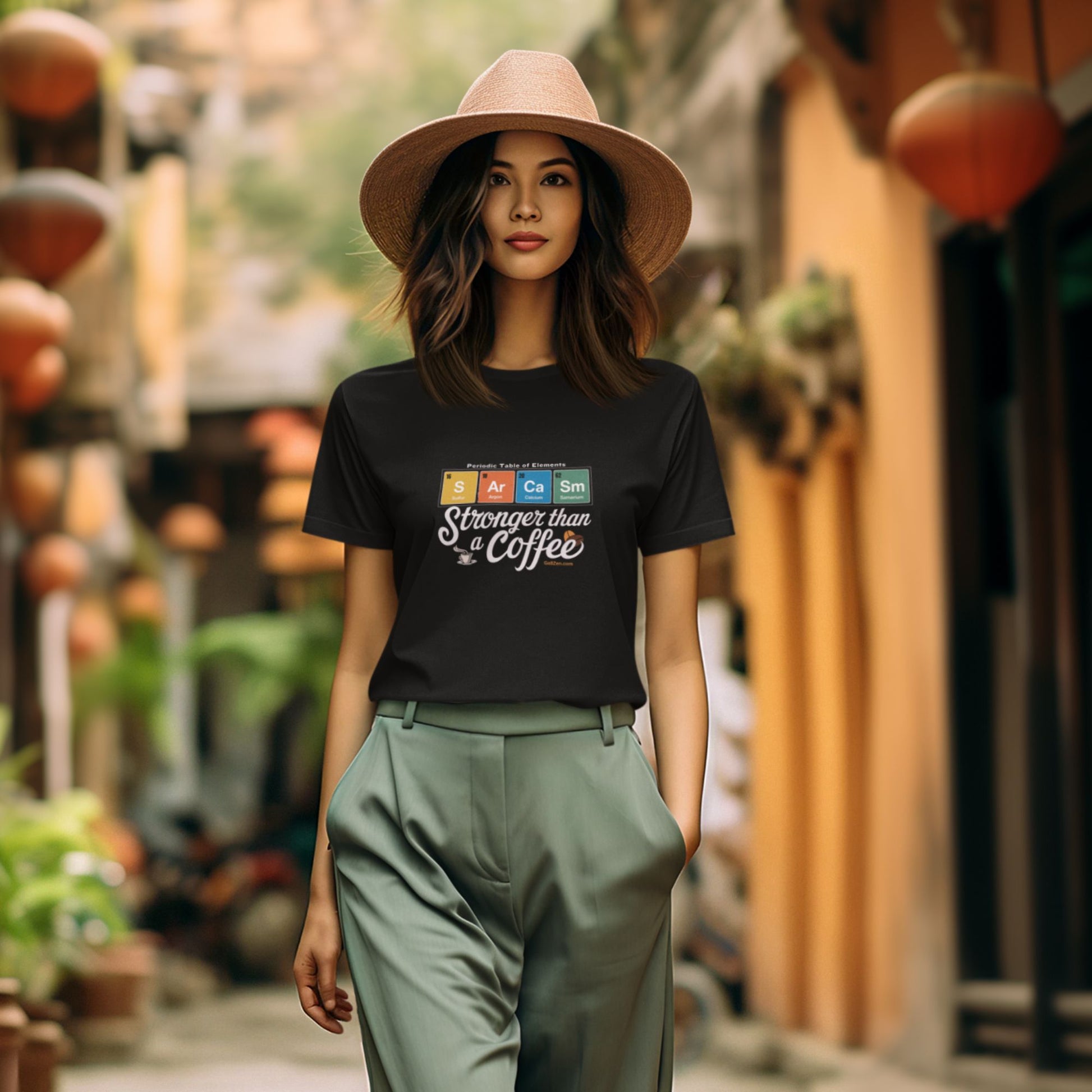 Vintage-aesthetic-t-shirt-mockup-showcasing-a-stylish-woman-in-a-black-sarcasm-themed-tee-walking-on-the-street