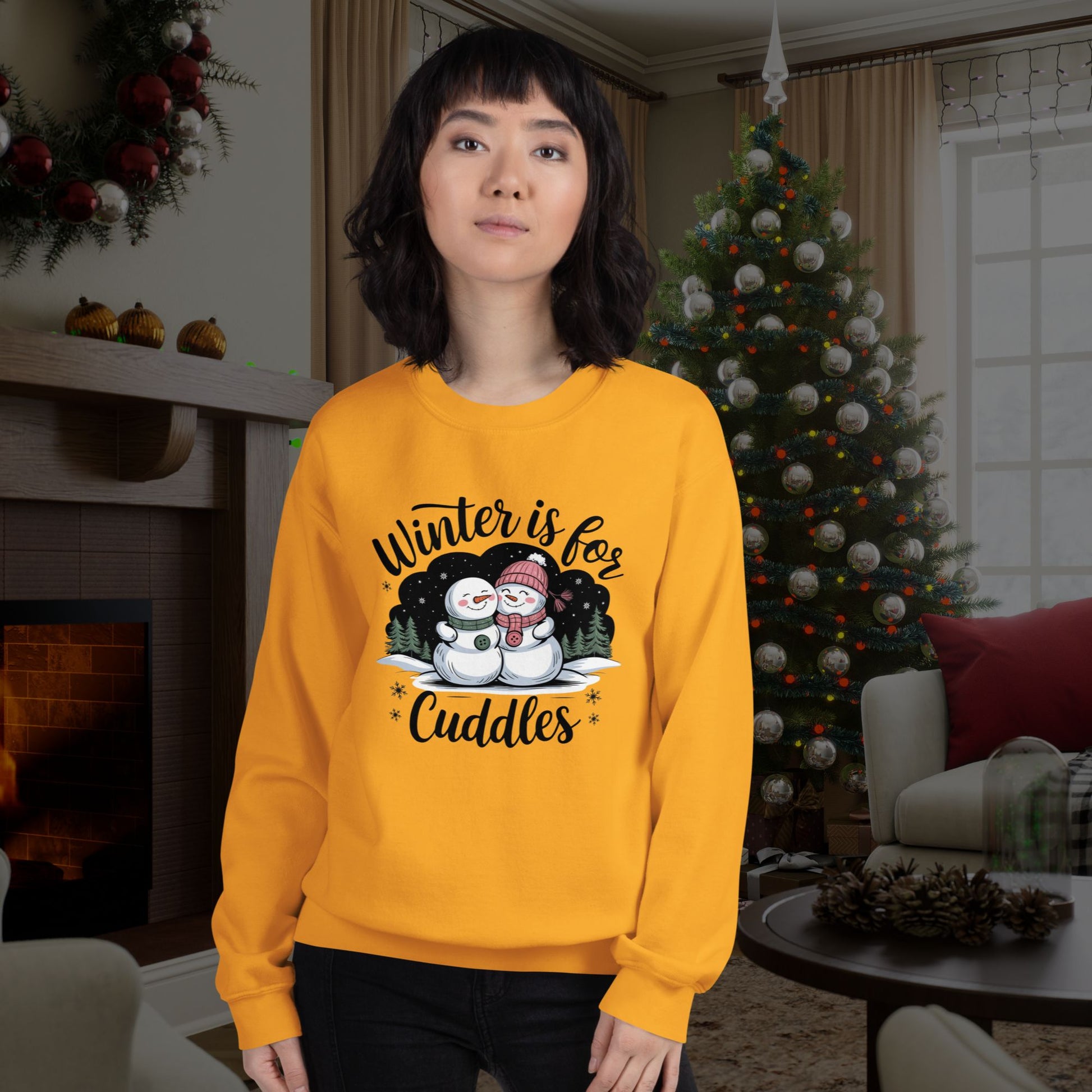 Warm-and-cozy-gold-sweatshirt-with-snowman-couple-design-ideal-for-winter-cuddling-vibes