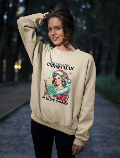 Winter-crewneck-for-book-lovers-featuring-retro-Christmas-design-on-woman-in-the-city-park-raising-her-hair