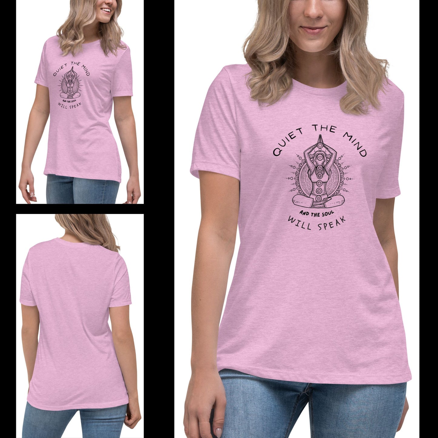 Woman-in-a-lilac-t-shirt-with-an-artistic-meditation-design-of-a-seated-figure-with-chakras-and-the-phrase-Quiet-the-mind