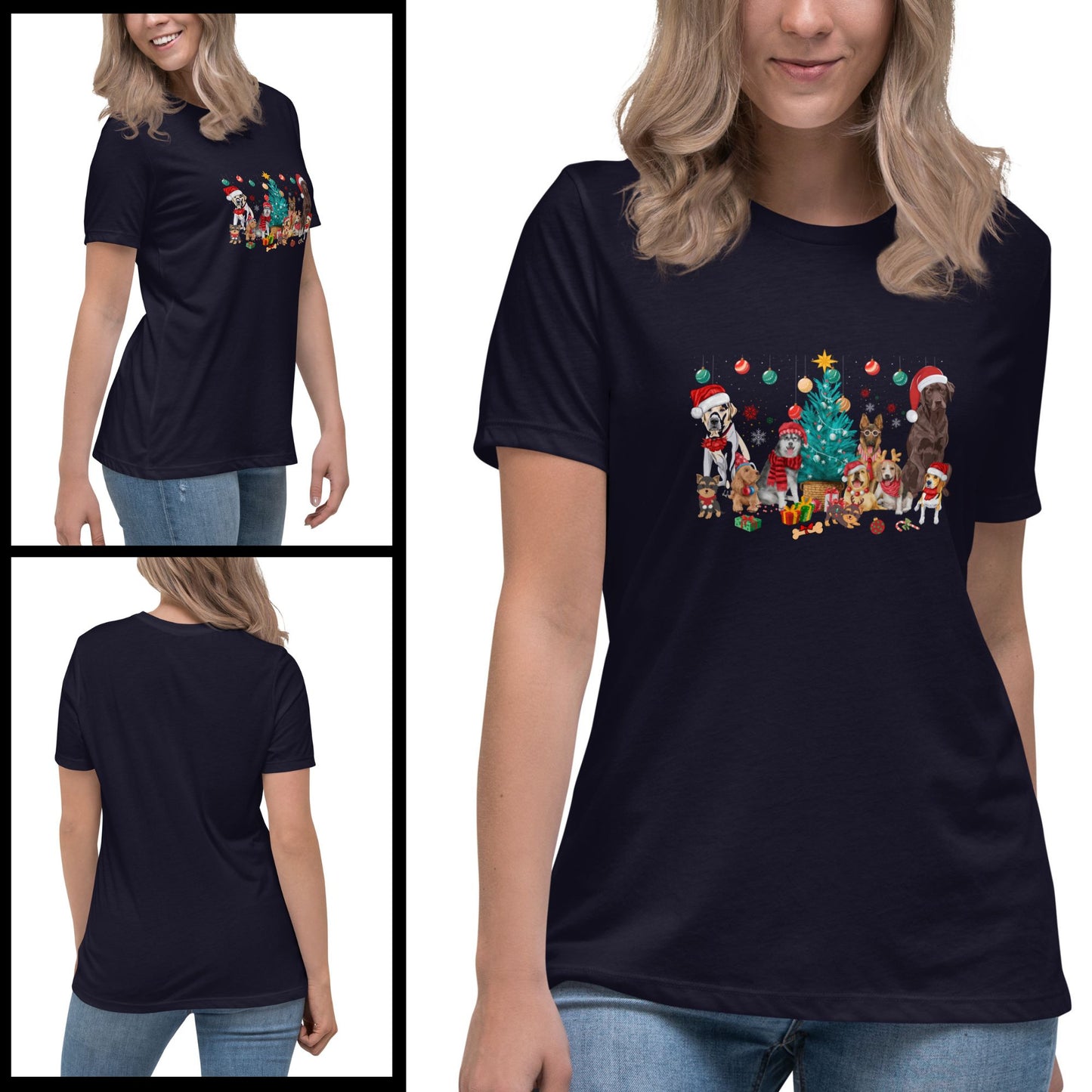 Woman-in-a-navy-T-shirt-featuring-a-vibrant-Christmas-scene-presented-in-a-straightforward-clear-studio-setting