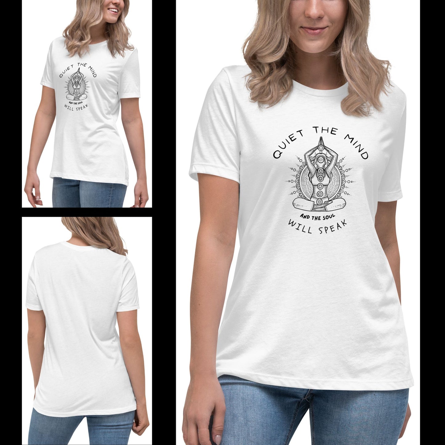 Woman-modeling-posing-in-a-white-t-shirt-featuring-a-spiritual-meditative-graphic-with-chakras-and-a-quote-on-the-balance-of-mind-and-soul