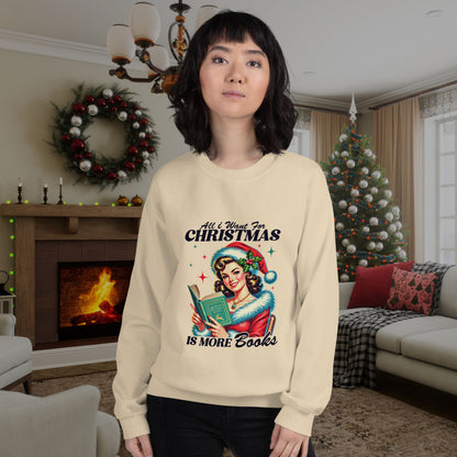 Woman-wearing-a-beige-retro-xmas-sweatshirt-standing-in-a-cozy-living-room-decorated-with-a-Christmas-tree-wreath-and-fireplace