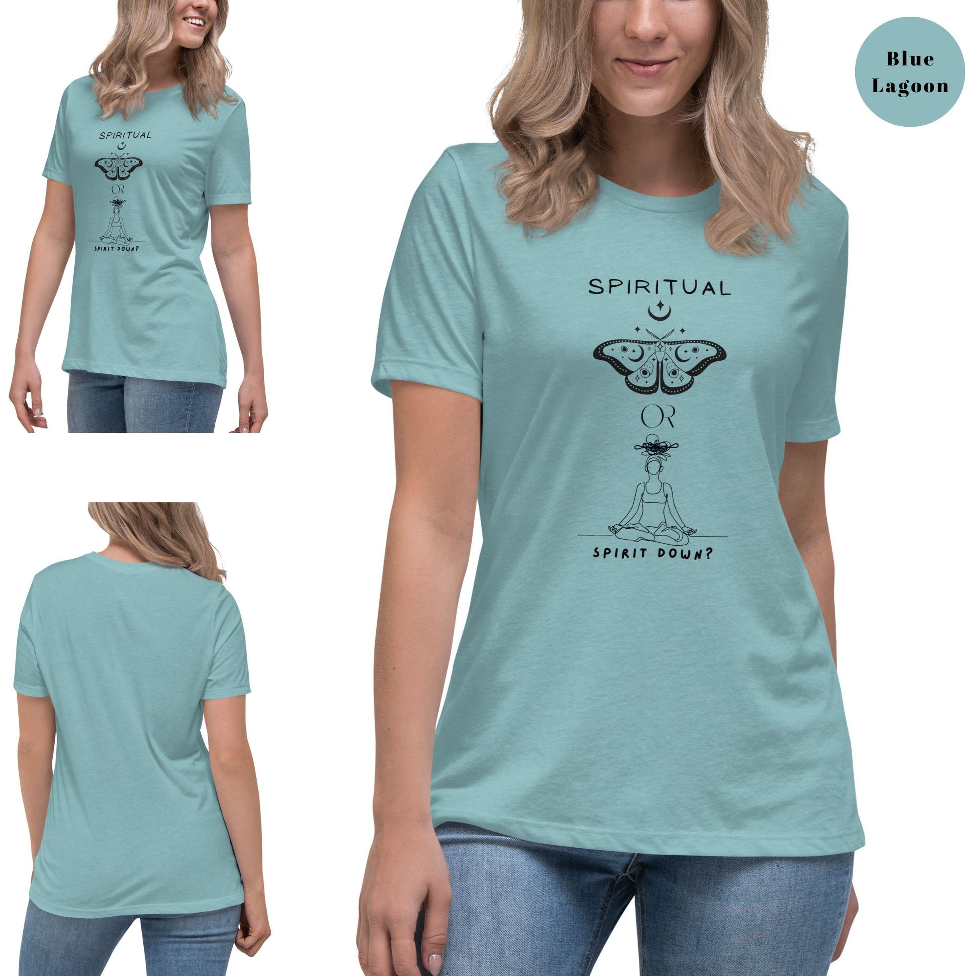 Woman-wearing-a-blue-lagoon-t-shirt-with-a-butterfly-and-meditating-figure-along-with-the-phrase-Spiritual-or-Spirit-Down