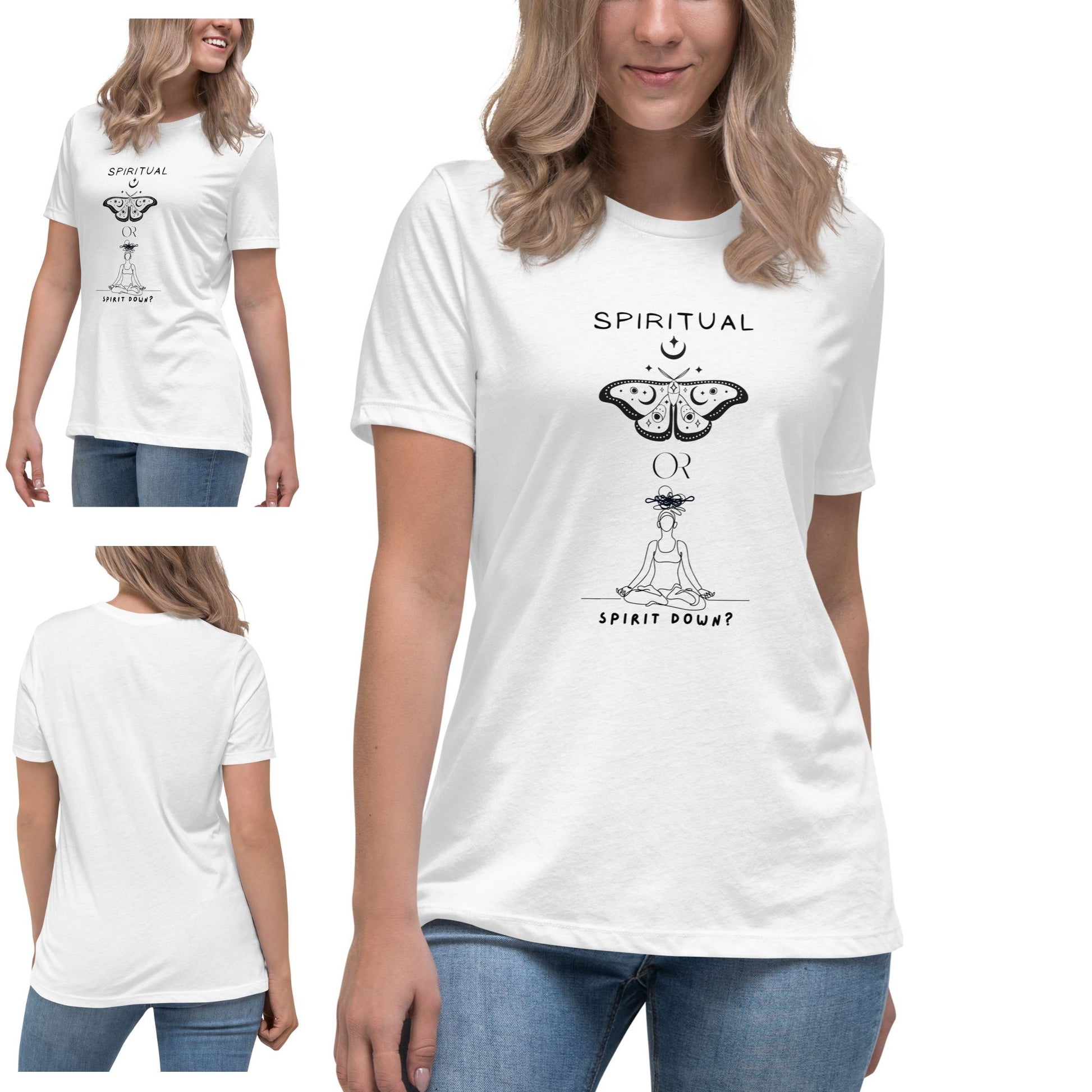 Woman-wearing-a-white-t-shirt-with-a-butterfly-design-above-and-a-meditating-figure-and-text-saying-Spiritual-or-Spirit-Down