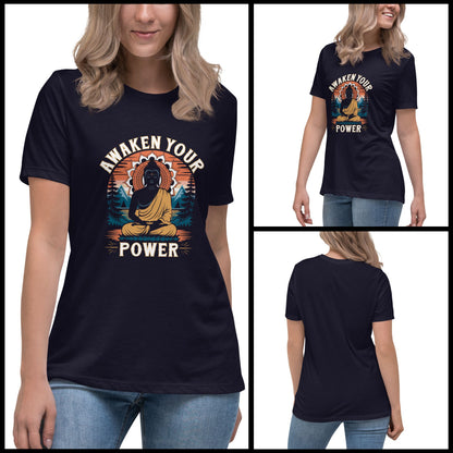 A three-panel image showing a woman modeling a dark blue short-sleeve shirt with a meditative graphic, from front, angled, and back views.