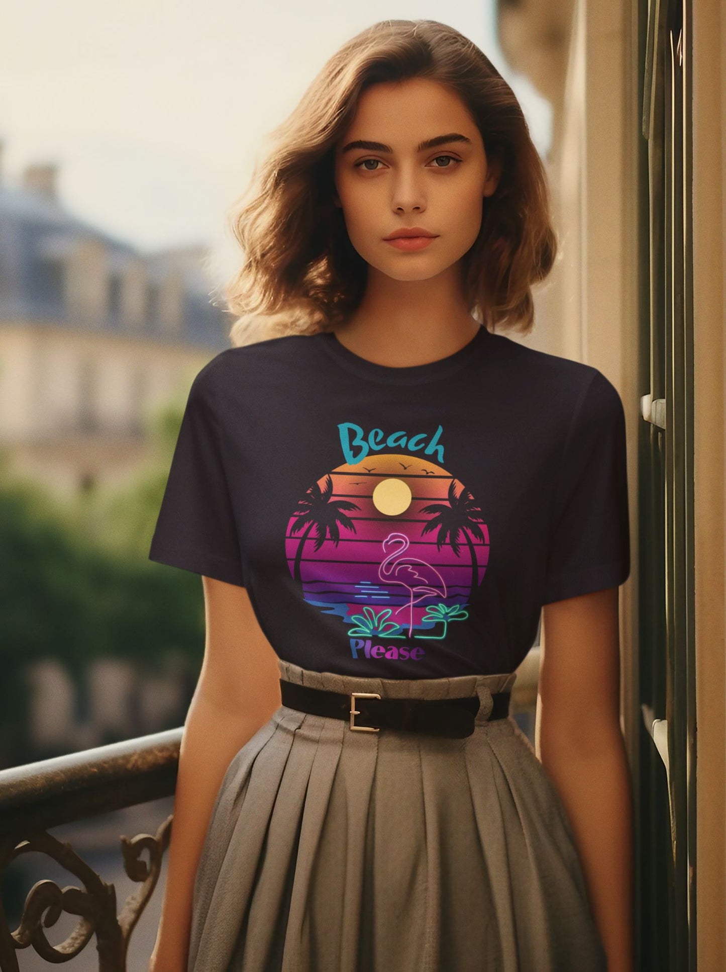 young-woman-with-brown-hair-wearing-a-retro-dress-and-t-shirt-printed-with-a-tropical-sunset-and-palm-trees-posing-from-the-balcony-of-a-luxury-villa