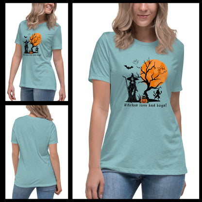 Young-blonde-woman-wearing-light-blue-witch-themed-Halloween-T-shirt-with-graphic-design-in-urban-setting