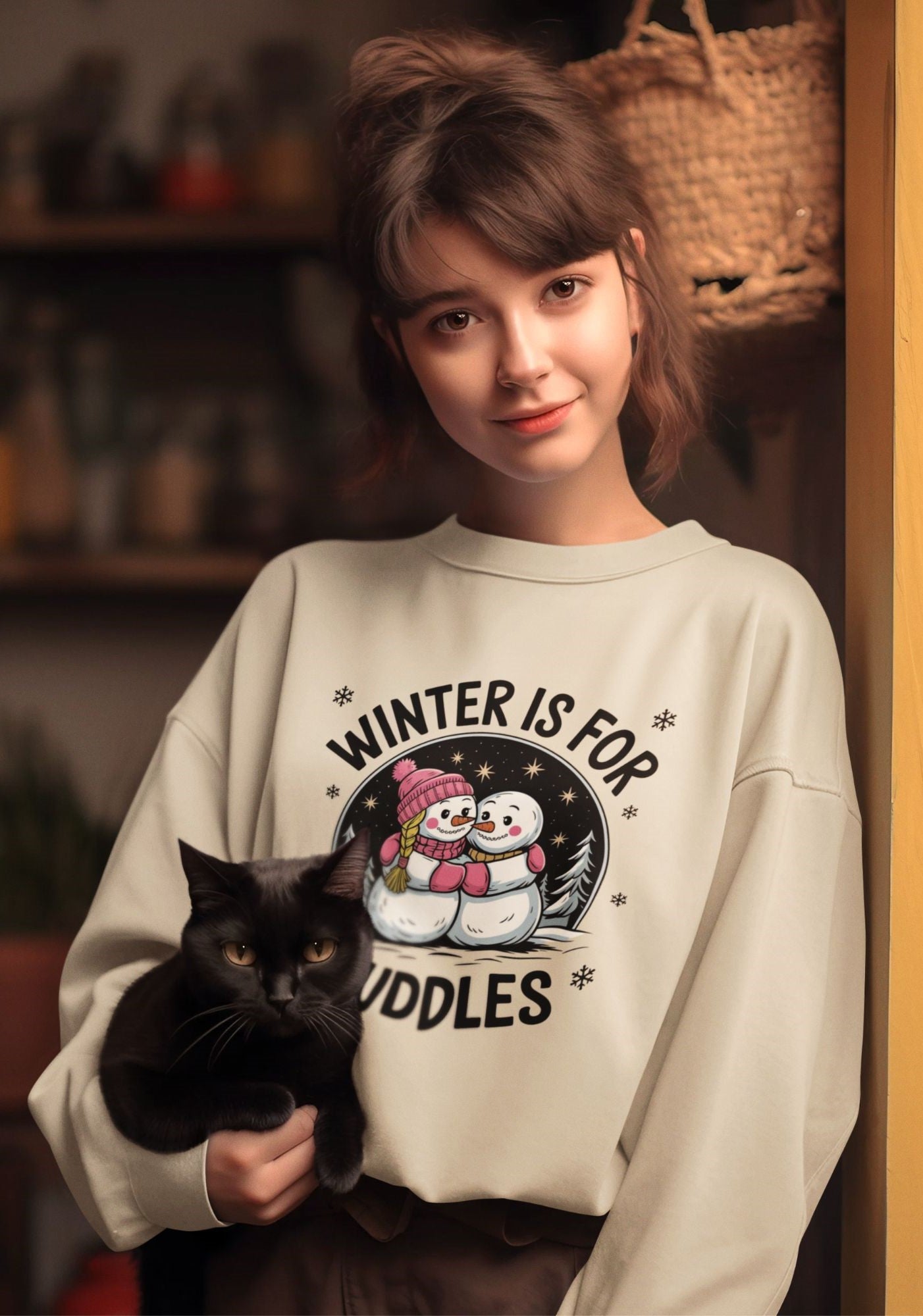 Young-woman-in-a-cozy-sweatshirt-reading-Winter-is-for-Cuddles-smiling-while-holding-a-black-cat-in-a-warm-indoor-setting