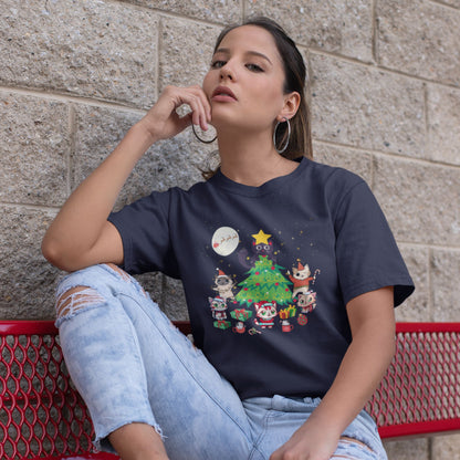 Young-woman-in-urban-setting-wearing-a-dark-t-shirt-with-Christmas-themed-print-featuring-festive-cats-around-a-tree