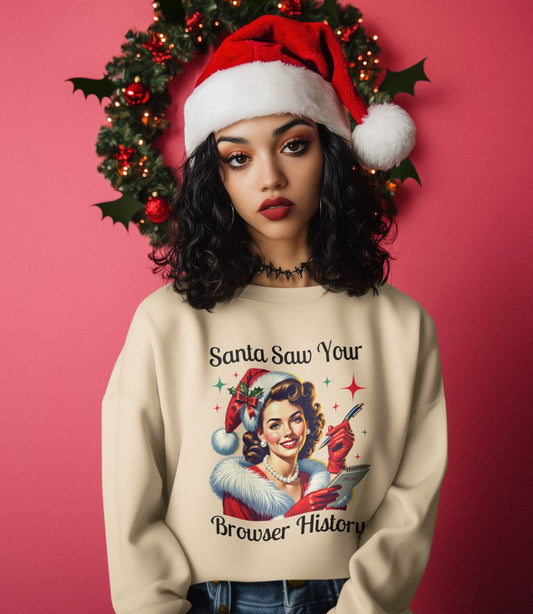Young-woman-styled-in-a-fun-holiday-sweatshirt-with-vintage-art-and-Santa-hat-perfect-for-quirky-Christmas-celebrations