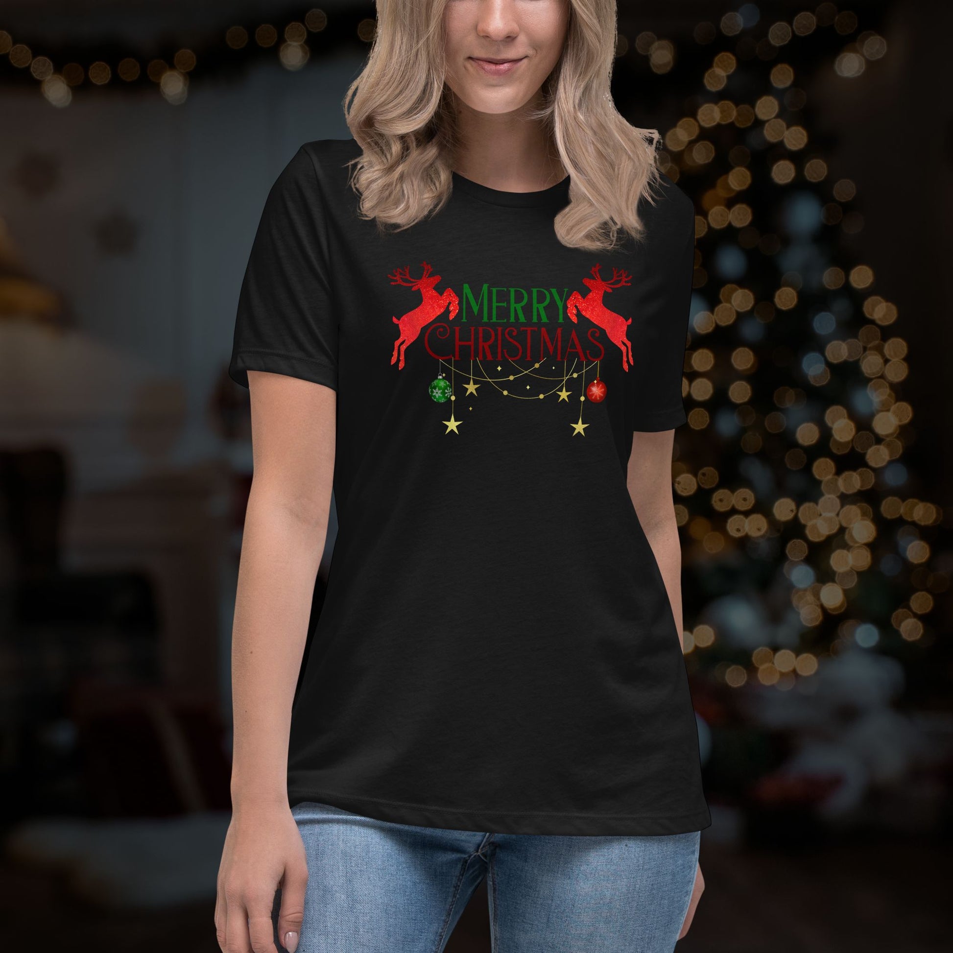 a-black-cotton-t-shirt-featuring-a-festive-Merry-Christmas-graphic-text-with-red-reindeer