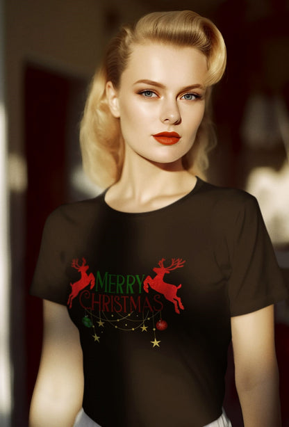 a-blonde-woman-posing-for-instagram-story-wearing-a-black-t-shirt-with-Merry-Christmas-text-and-red-reindeers